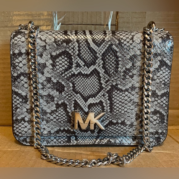 Michael Kors Pearl Gray multi long chain shoulder embossed leather purse. - Picture 7 of 7